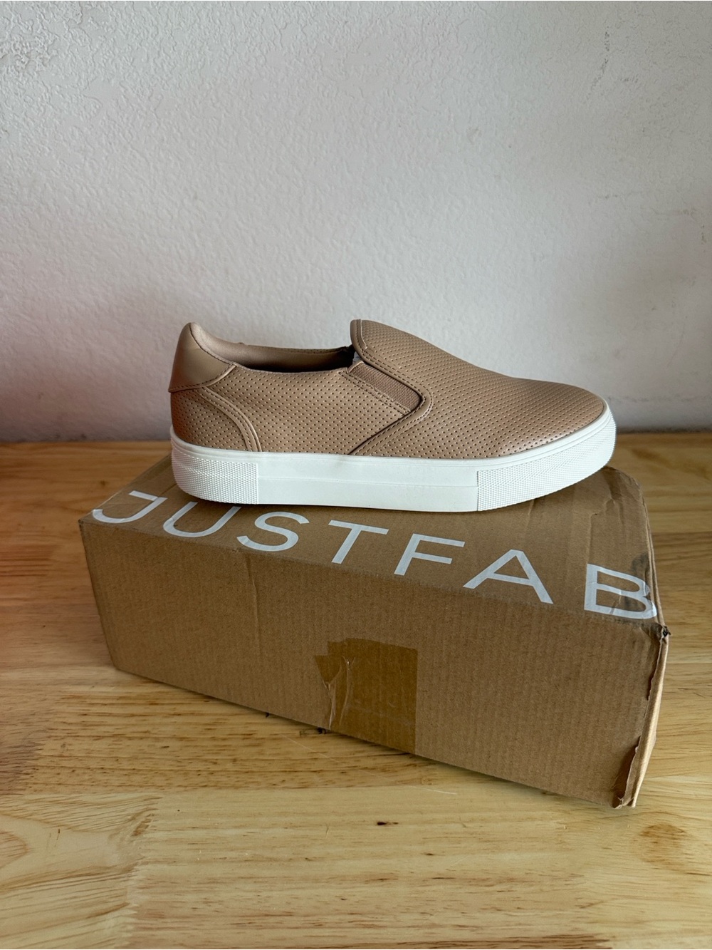 JustFab Women's Slip-On Sneakers in Taupe with White Sole